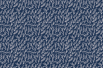 White leaf pattern on blue. Hand drawn leaf pattern.