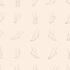 Vector seamless pattern of human feet in various poses. Hand drawing with a line.