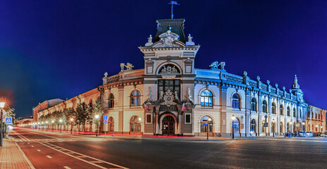 Main facade of the National Museum of the Republic of Tatarstan in Kazan. Gostiny Dvor building. Night cityscape