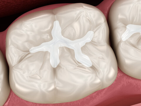 Molar tooth restoration with filling. Medically accurate tooth 3D illustration.