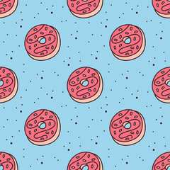 Donuts seamless pattern, texture, background. Sweet food. Vector line art. Bakery, kitchen.