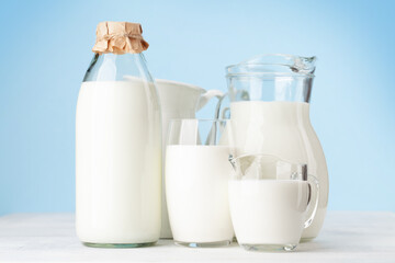 Milk in glass, bottle and jug