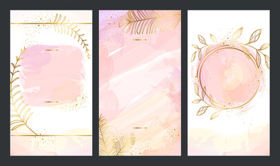 Set of Elegant pink template with gold plants for Stories and streaming. Mockup for personal blog, shop or user story. Layout for promotion, stories and post in social media.