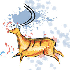 Thick brown deer in the style of imitation of primitive art with rough paint strokes with the addition of splashes and blotches. vector illustration.