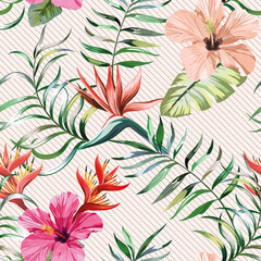 Botanical multicolor seamless pattern hibiscus, bird of paradise_ strelizia flowers and Fern, Banana, Palm green leaves on light coloured background. Exotic wallpaper design