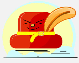 Live hat. Funny hat with eyes smiling. Hat with a feather and a buckle strap. Fantastic character. flat style. vector cartoon