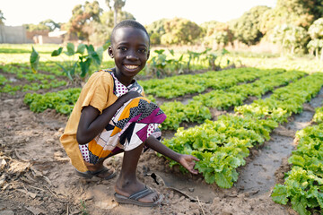 Food for Africa! Young Black Boy Smiling in front of Lettuce Salad Field - obrazy, fototapety, plakaty