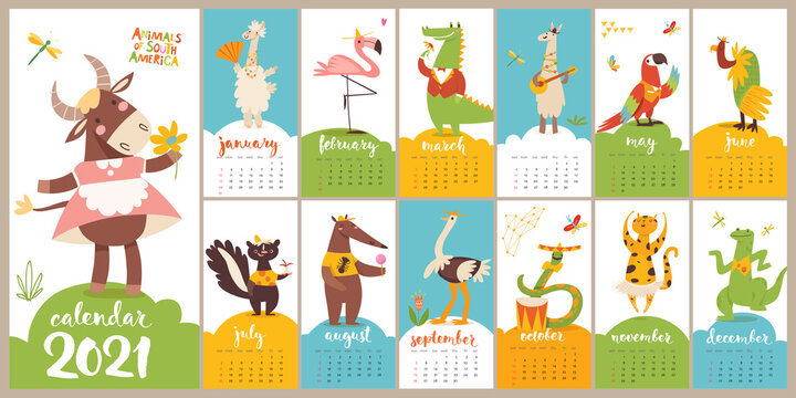 Vector 2021 calendar with funny cartoon wild animals