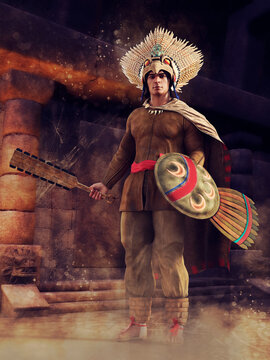 Fantasy Aztec warrior standing with his weapons in an old abandoned temple. 3D render. The model in the image is a 3D object , not a real person. 