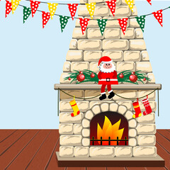 Merry Christmas and New year holiday decoration. Fireplace with Christmas stockings, toy Santa Claus and garlands. Vector illustration