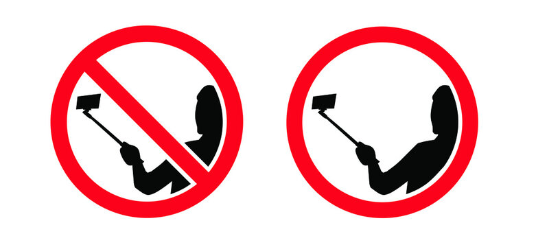 No Selfies Day. Stop no Selfie stick sign. Forbid No camera zone or photo prohibition signs. Do not with mobile phone camera, smartphone tablet a family portrait area. Self pictures not allowed