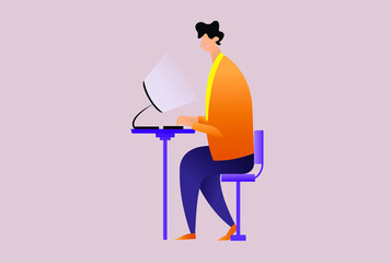 Freelancer or Man working on laptop/computer. Businessman or office worker. Vector illustration