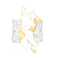 Illustration Fluffy kitten lies on a carpet with a pattern. Watercolor and liner