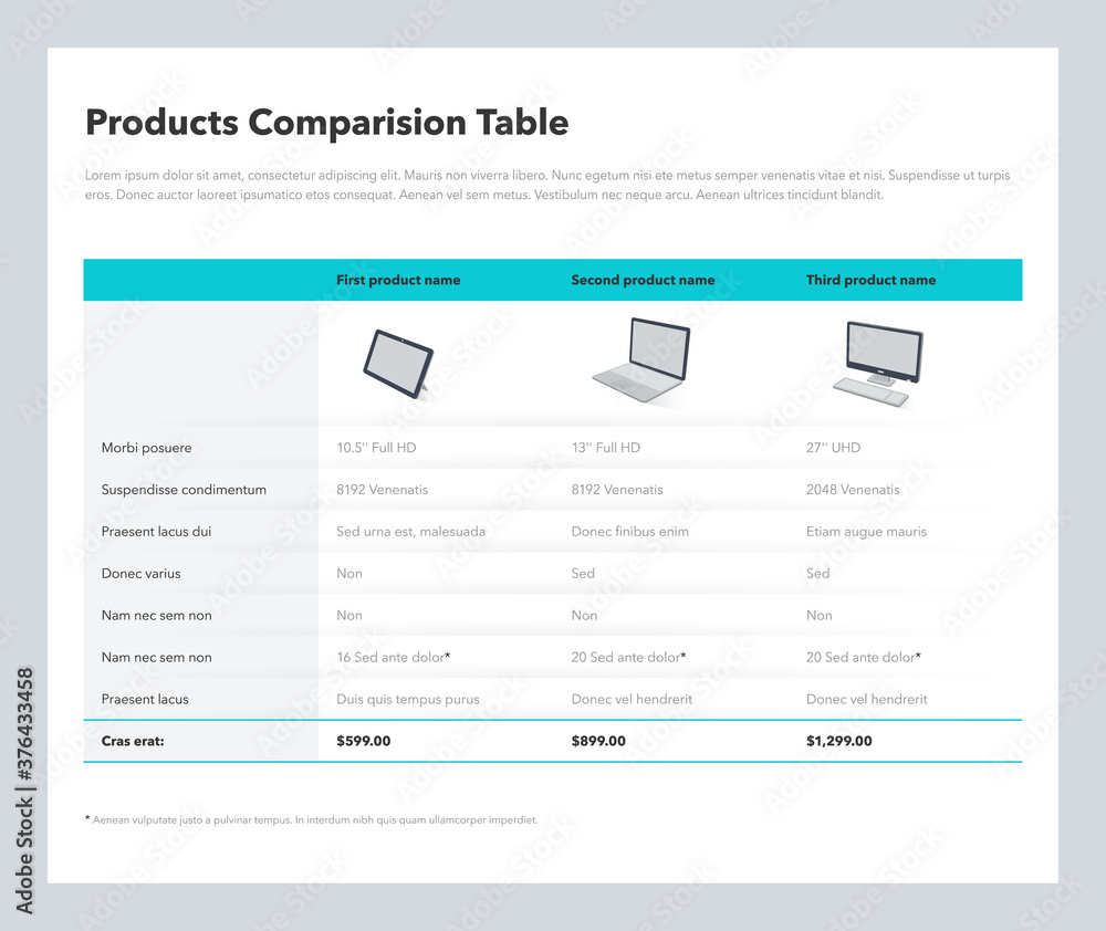 Poster Three products comparison table layout with place for description. Flat infographic design template for website or presentation.