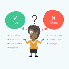 Afro american businesswoman thinks about pros and cons. Easy to use for your website or presentation with place for your content.
