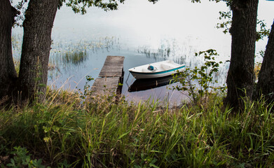 Landscape on the berigu lake with large trees. There is a boat on the lake and there are large trees above the lake.