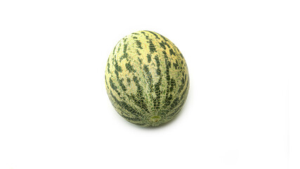 Striped melon on a white background. The unusual coloring of the melon. High quality photo