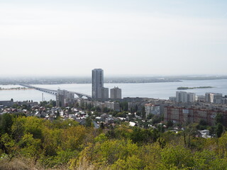 beautiful landscape of river Volga with bridge and view on Saratov and Engels