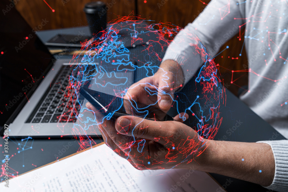 Poster man using phone. hands typing smartphone. double exposure with world map planet earth hologram. clos