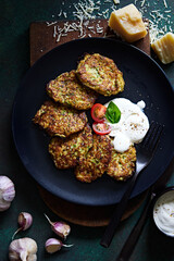 Vegetables pancakes, with sour cream
