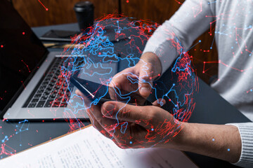 Man using phone. Hands typing smartphone. Double exposure with world map planet earth hologram. Close up. Internet and people connection concept.