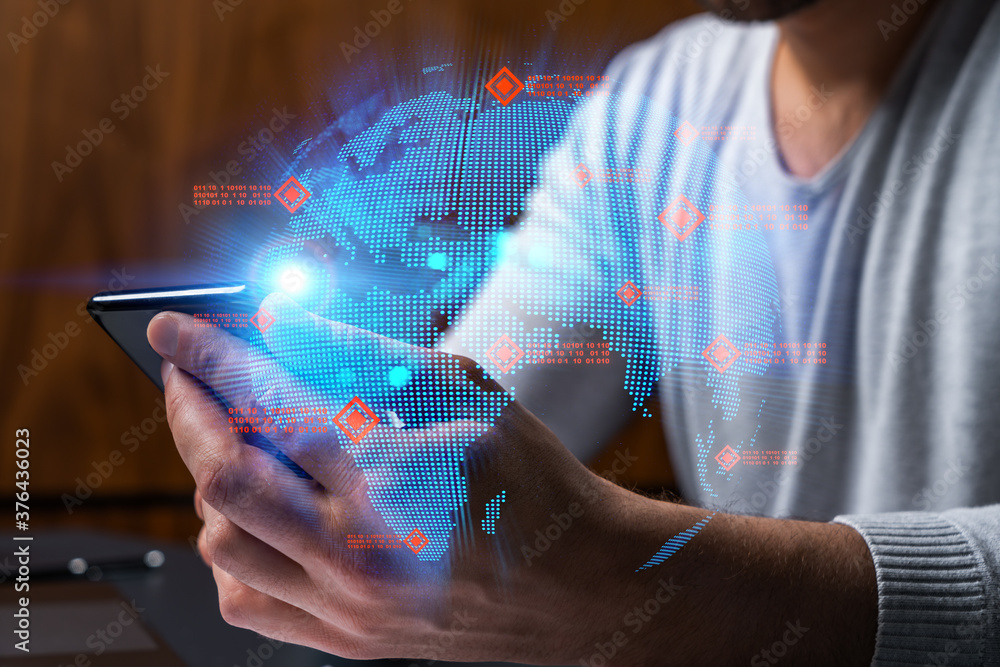 Poster man using phone. hands typing smartphone. double exposure with world map planet earth hologram. clos