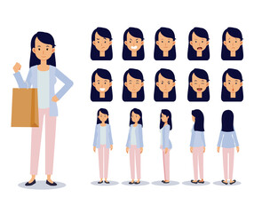 Fototapeta premium Set of Flat Vector Character woman wear casual clothing with various views, Cartoon style.