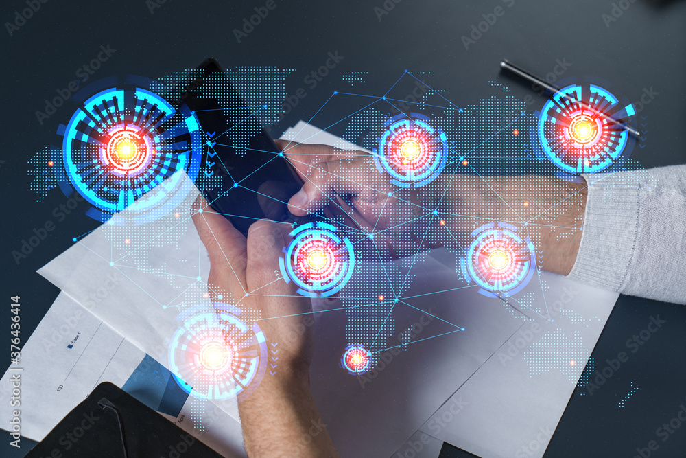 Poster man using phone. hands typing smartphone. double exposure with world map planet earth hologram. clos