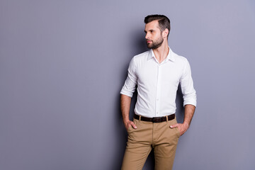 Profile side photo of confident manager ceo economist man put hands pants look copyspace attract...
