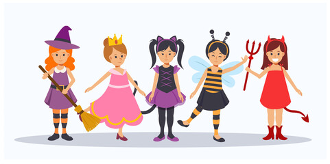 Vector cartoon of Cute Halloween characters.Children in Halloween costume. Halloween kids.