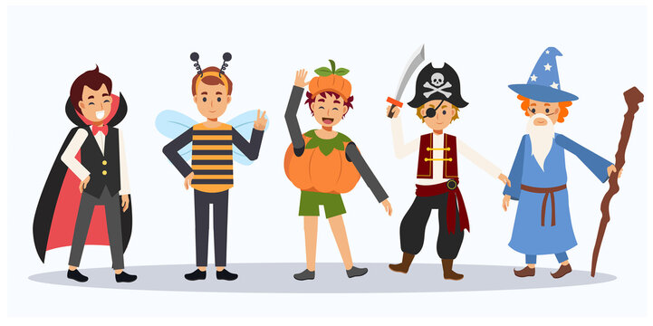 Vector cartoon of Cute Halloween characters.Children in Halloween costume. Halloween kids.
