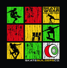 Vector illustration of geometric shapes and skater silhouettes.