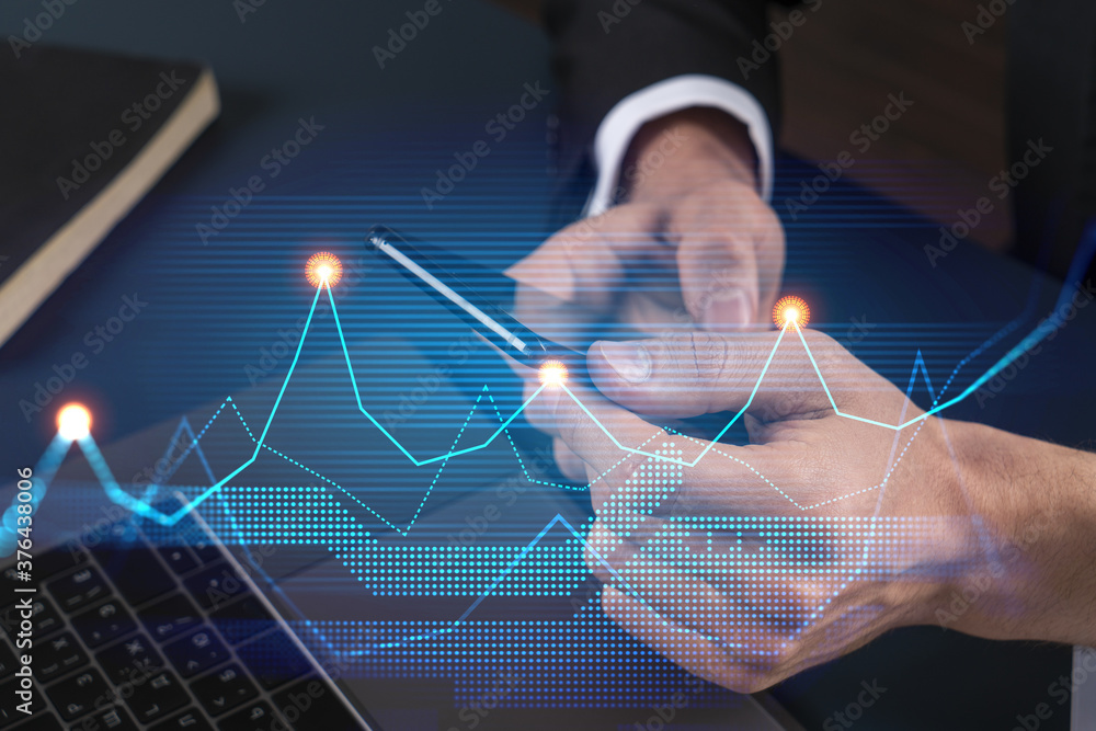 Poster businessman search and analyze using on-line app on phone. financial graph hologram.