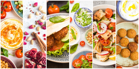 Collage of different Middle Eastern food set. Assortment of various Arab traditional dishes and products as falafel, pita, hummus on white light background. Concept banner or template .