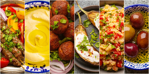 Collage of different Middle Eastern food set. Assortment of various Arab traditional dishes and...