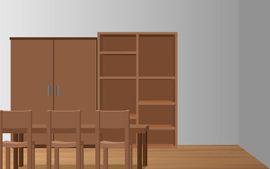 wooden table with wooden showcase and cabinet in the room