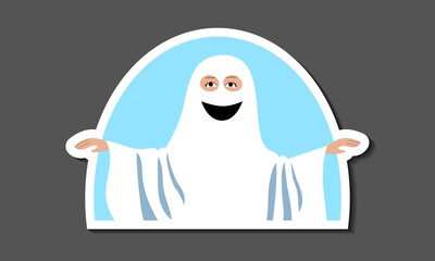 Sticker kid dressed as a ghost for a carnival halloween party. Costume white fabric with holes for eyes and drawn smile. Avatar for social media. Stock vector flat illustration isolated on white
