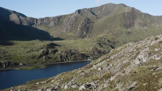 Low aerial shot of Llyn Idwal in Snowdonia