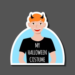Sticker red haired boy in a T shirt with the words My Halloween costume and horns on his head. Carnival party. Avatar for social media. Stock vector hand drawn flat illustration isolated on white