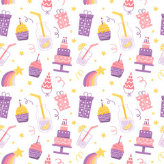 Seamless pattern with party attributes. Happy birthday background for wrapping paper, party flags, greeting cards back