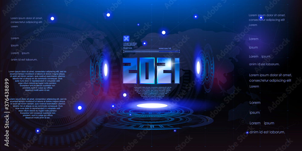 Poster futuristic technological background with neon holographic numbers 2021 new year and hud, gui element