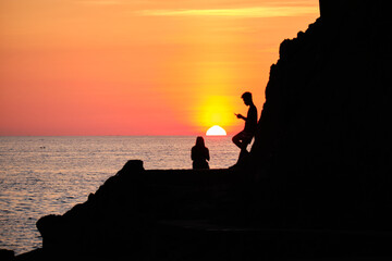 Boracay, Philippines - Jan 27, 2020: Sunset on Boracay island. Sailing and other traditional boats...