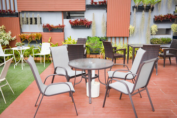 Table and chairs outdoor restaurant - Set of dining table on green grass