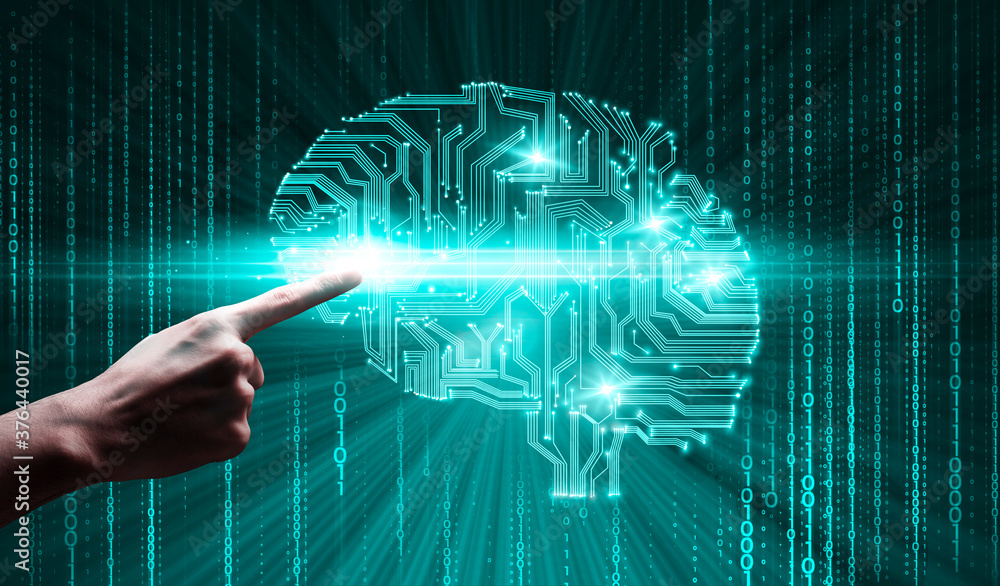 Poster Human Hand Touching Digital Brain In Circuit Style Over Binary Code Background