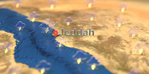 Stormy weather icons near Jeddah city on the map, weather forecast related 3D rendering