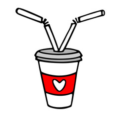 Take away coffee cup for couple in love. Doodle hand drawn vector illustration. Coffee to go. Hot drinks takeout concept. Paper mug with two straws. Valentine's day theme sketch icon.