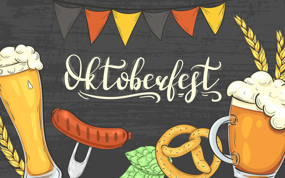 Oktoberfest Banner. Background with beer glasses and snacks
