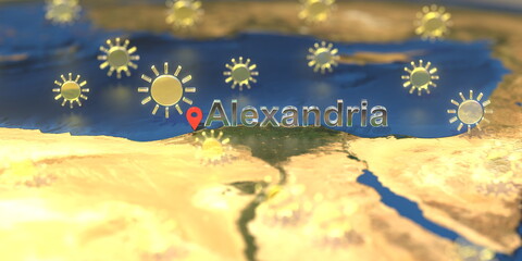 Alexandria city and sunny weather icon on the map, weather forecast related 3D rendering