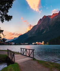 Sunset above St. Moritz with lake and Swiss Alps in Switzerland