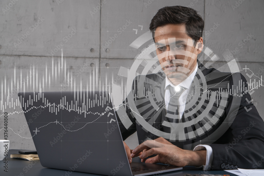 Poster businessman in office working with laptop technology online trading graph and chart, typing computer